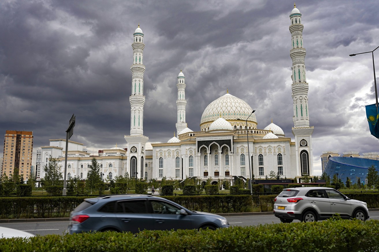 A view of Hazrat Sultan Mosque in Nur-Sultan, Kazakhstan, Monday, Sept. 12, 2022. Kazakh President Kassym-Jomart Tokayev has agreed to restore the former name of the country's capital just three years after he renamed it in honor of his predecessor. (AP Photo/Alexander Zemlianichenko)