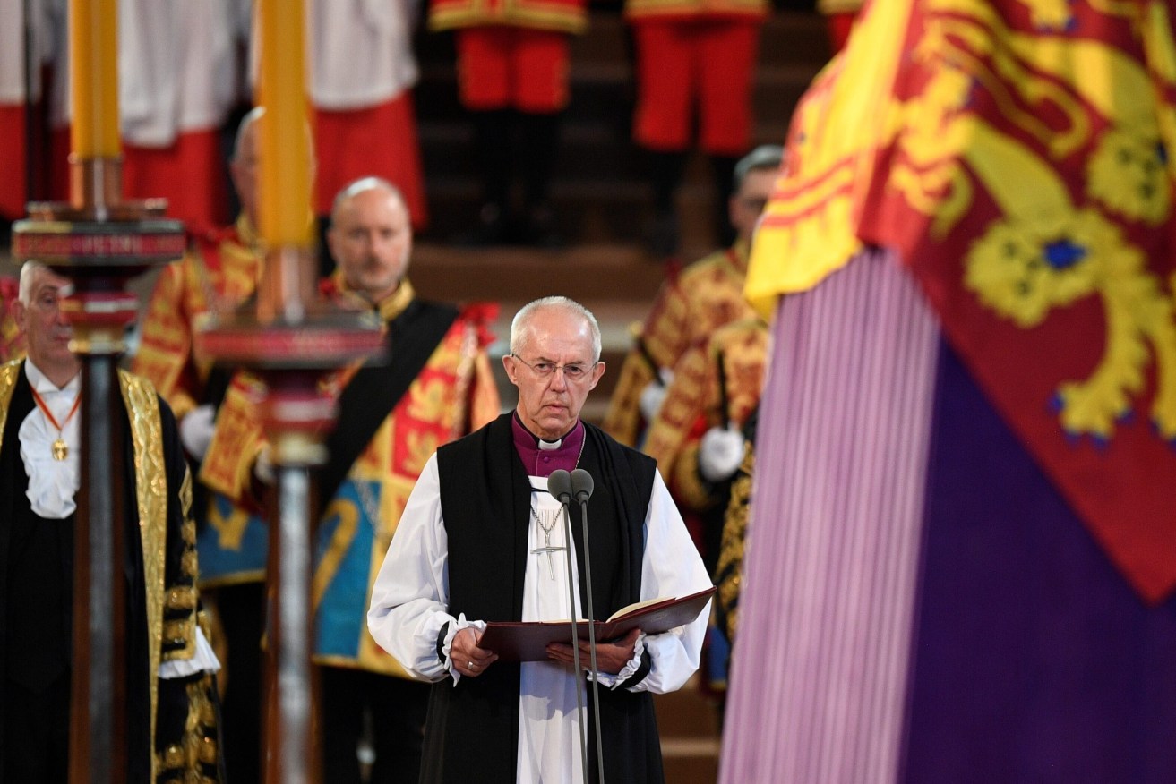 The Archbishop of Canterbury Justin Welby leads a service for the reception of Queen Elizabeth II's coffin inside Westminster Hall, at the Palace of Westminster, in London, Sept. 14, 2022.  (Oli Scarff/Pool via AP)