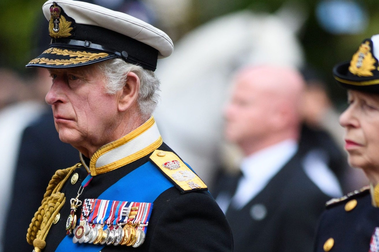 King Charles III following the Ceremonial Procession down The Mall, following the State Funeral of Queen Elizabeth II at Westminster Abbey, London.  Matt Crossick/Empics.