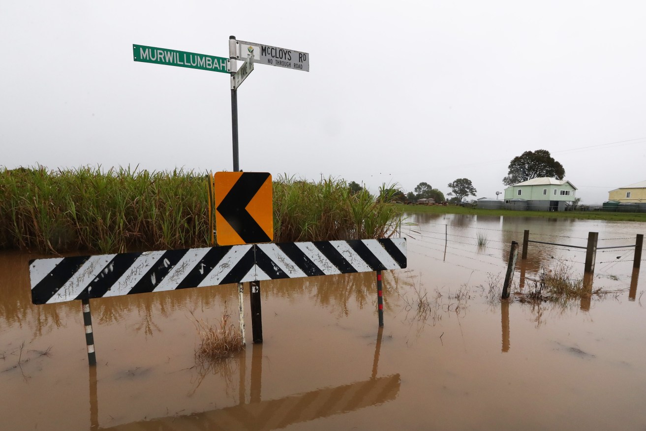 Floodwaters west of Condong near the town of Murwillumbah,. A low-pressure storm system that caused flooding across inland NSW earlier this week tracked towards the coast with flood and storm warnings covering much of the state's east. (AAP Image/Jason O'Brien) 