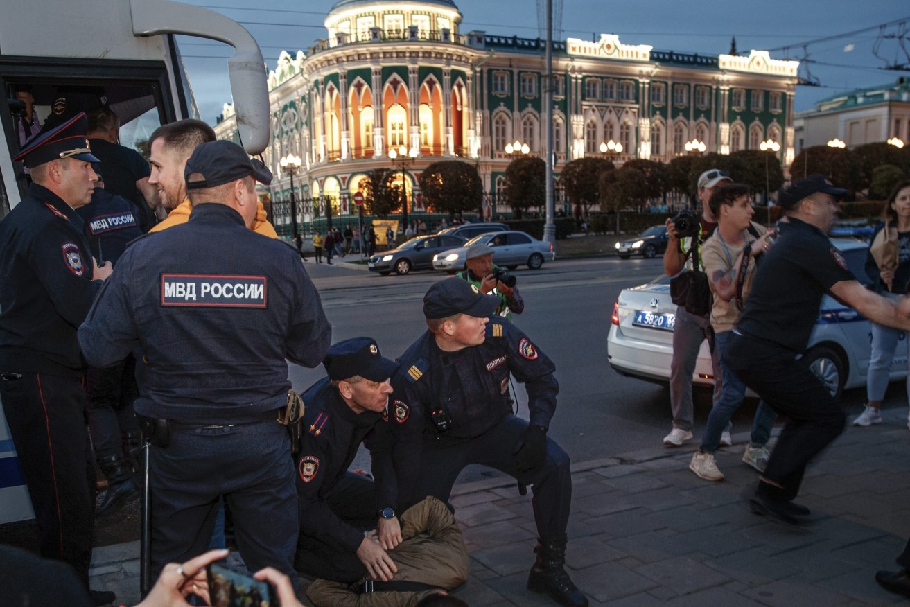 FILE Police detain demonstrators during a protest against mobilization in Yekaterinburg, Russia, Wednesday, Sept. 21, 2022. Russian President Vladimir Putin has ordered a partial mobilization of reservists in Russia, effective immediately. (AP Photo, File)
