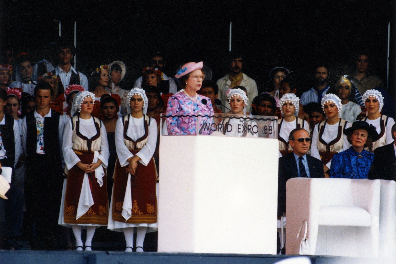 Queen Elizabeth II at the offical opening o Expo 88 in Brisbane on April 30, 1988.