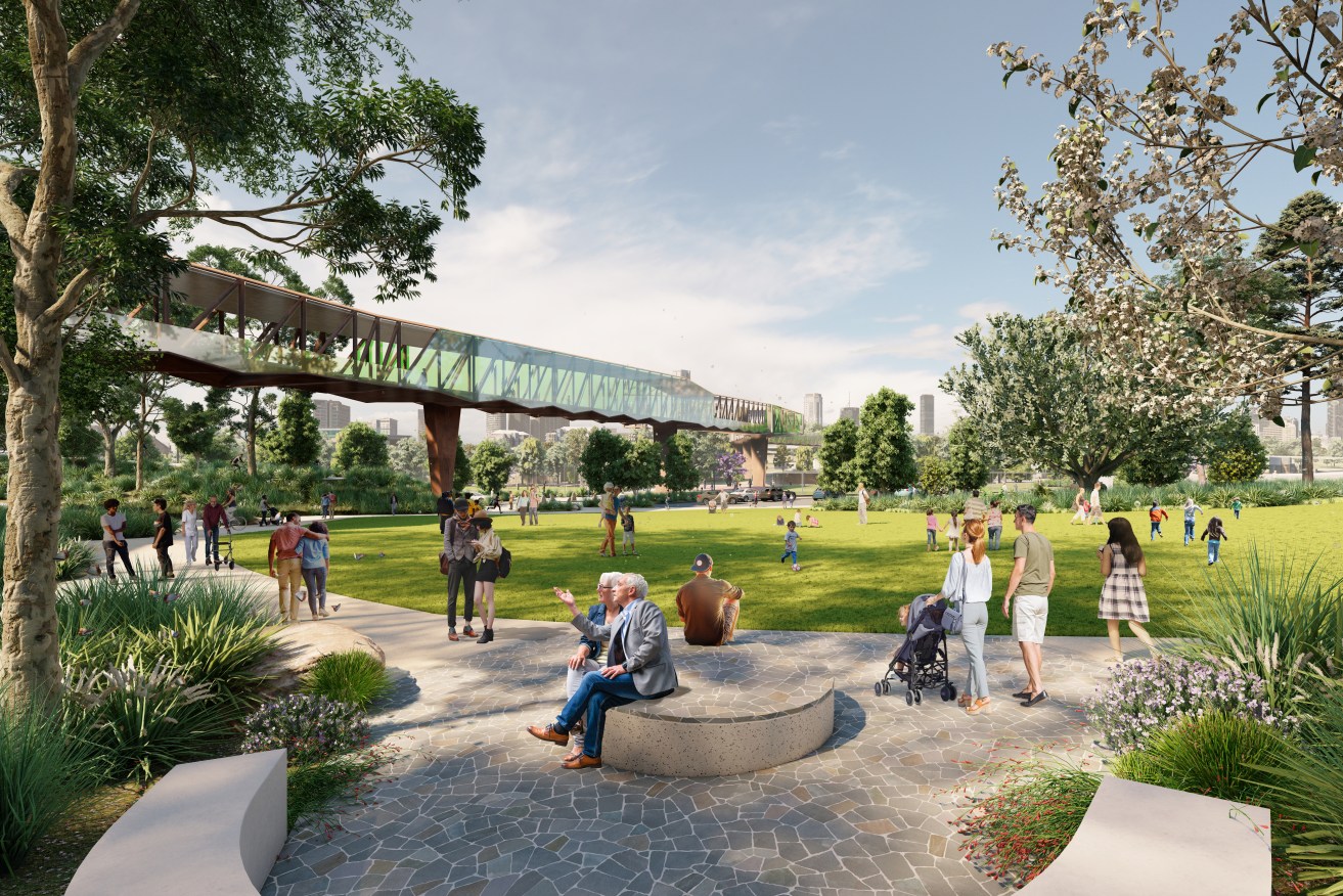 An artist's impression of the planned Victoria Park redevelopment, including a new inner city connector bridge. (Image: BCC)