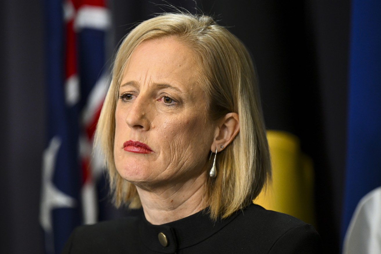 Australian Finance Minister Katy Gallagher speaks to media during a press conference at Parliament House in Canberra, . (AAP Image/Lukas Coch) 