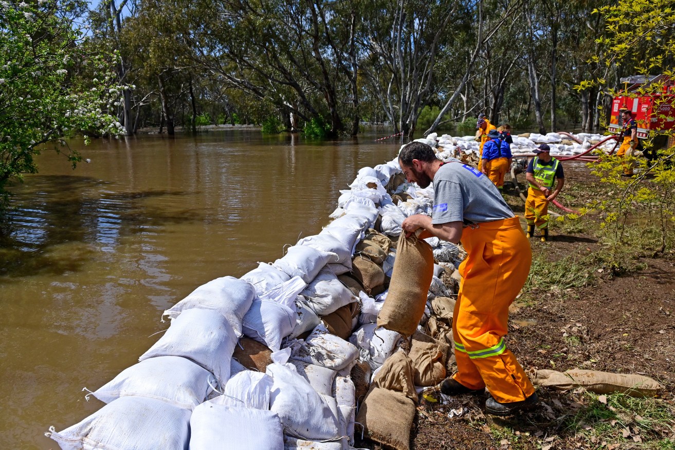 CFA crews work to sandbag Campaspe Esplanade in the town of Echuca, Victoria, Monday. The ADF has been called in to help flood victims in Victoria, with authorities predicting more than 7500 proprieties could be affected. (AAP Image/Brendan McCarthy) 