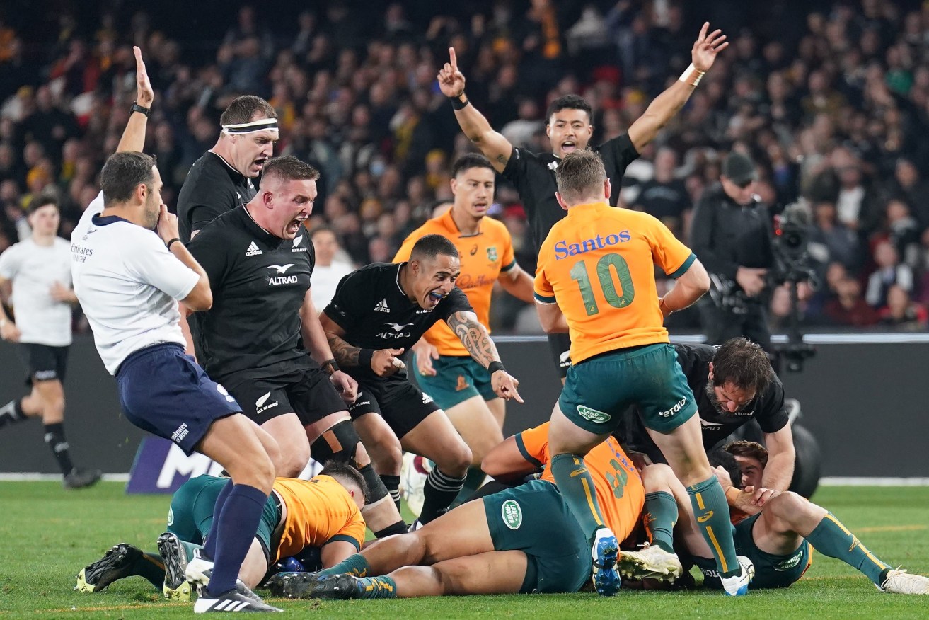 Samisoni Taukei’aho of New Zealand scores a try during during the Rugby Championship match between the Australian Wallabies and the New Zealand All Blacks at Marvel Stadium in Melbourne, Thursday, September 15. (AAP Image/Scott Barbour/via Photosport NZ) 