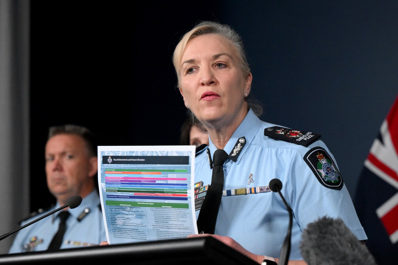 Queensland Police Commissioner Katarina Carroll speaks to media after a report exposed a culture of sexism, racism and a fear of speaking out about misconduct in the force. (AAP Image/Darren England) 