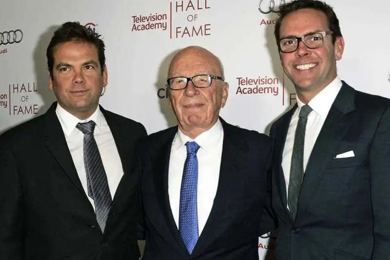 The Murdoch family's tight control over News Corp is under attack. Lachlan Murdoch (left), with his father Rupert and brother James. (Image: AAP)