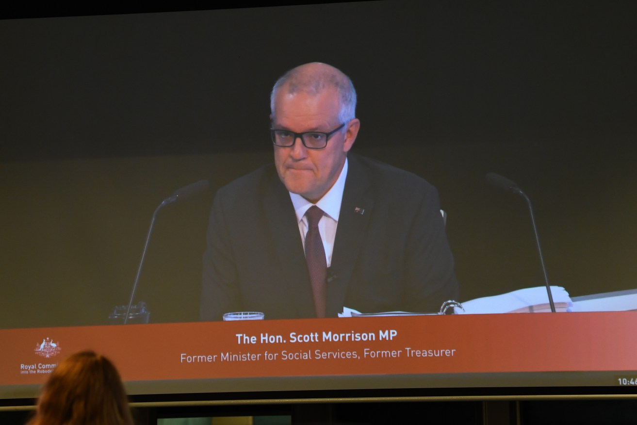 Former prime minister Scott Morrison appears via video link before the Royal Commission into the Robodebt Scheme. (AAP Image/Jono Searle) 