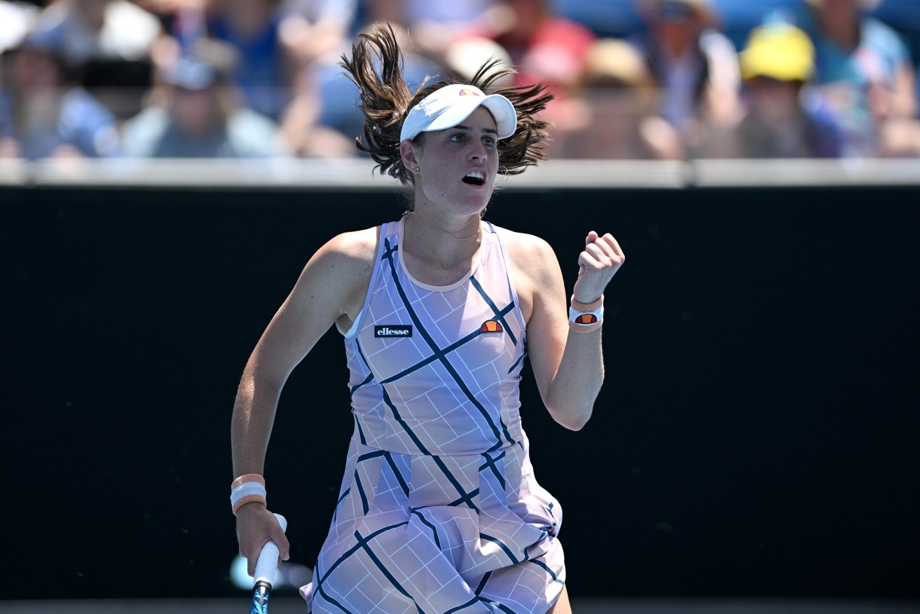 Kimberly Birrell won her first round match win against the more fancied Kaia Kanepi of Estonia  at the 2023 Australian Open tennis tournament. (AAP Image/Lukas Coch) 