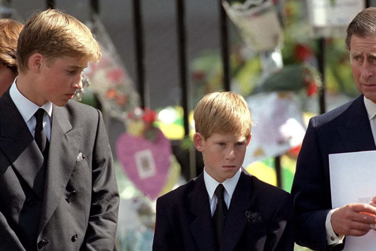 Prince Harry, pictured with brother, Prince William, and father, now King Charles, at the funeral of his mother. (AAP image)