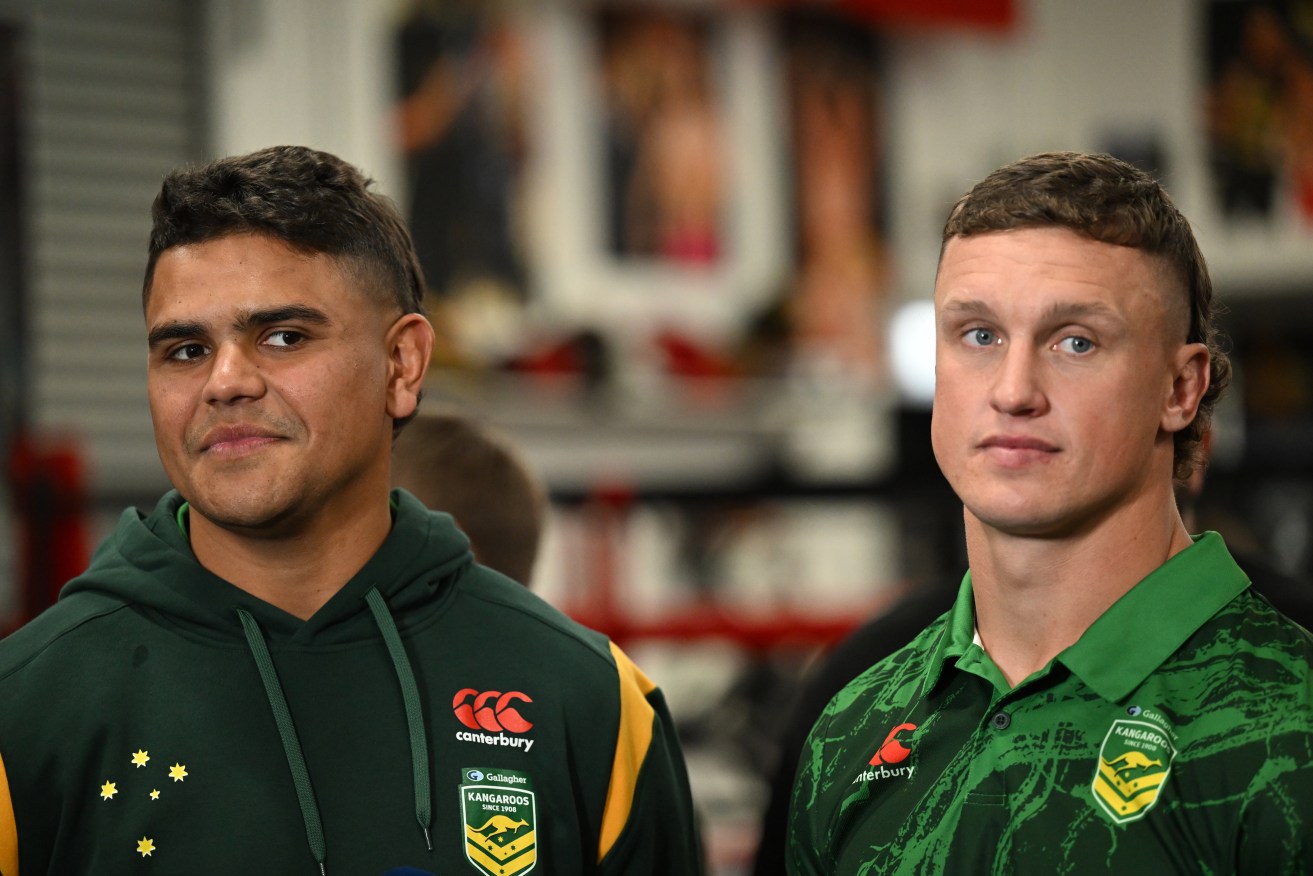 NRL players Latrell Mitchell and Jack Wighton speak to the media during a No Limit boxing promotional event for the Super Saturday Boxing Festival in Sydney, Wednesday, October 5, 2022. (AAP Image/Dean Lewins) NO ARCHIVING