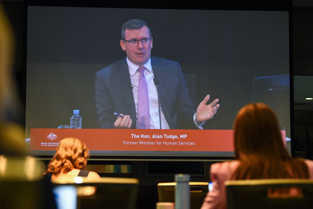 Former Liberal minister Alan Tudge is seen on a screen  at the the Royal Commission into the Robodebt Scheme. (AAP Image/Jono Searle) 