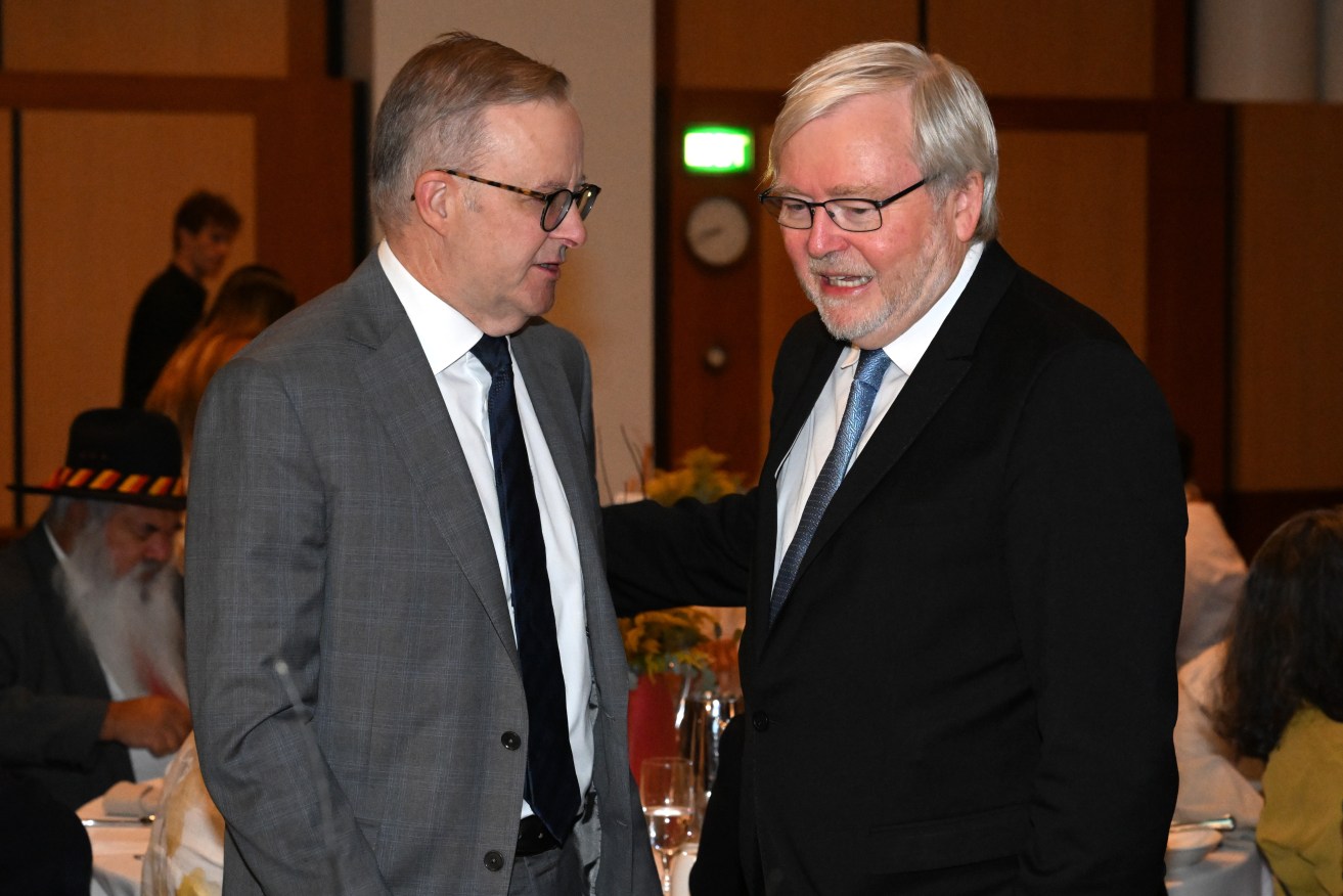 Prime Minister Anthony Albanese and former Prime Minister Kevin Rudd at the National Apology Anniversary breakfast at Parliament House in Canberra. (AAP Image/Mick Tsikas) 