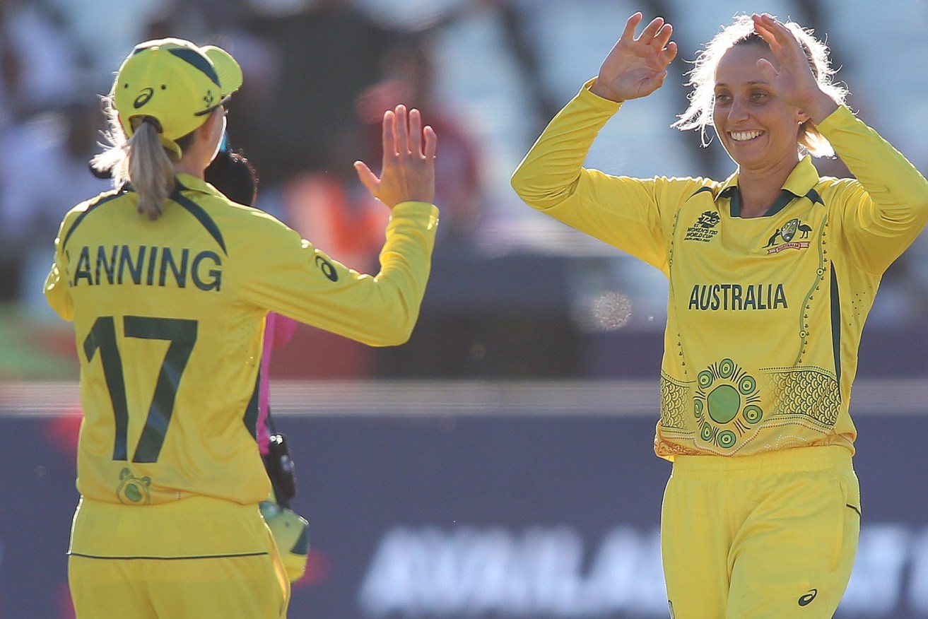Australia captain Meg Lanning and Ash Gardner celebrate during their defeat of India in the 2023 ICC Women's T20 World Cup Semifinal. The team subsequently went on to beat South Africa in the final. (Shaun Roy/Sports Inc.)
