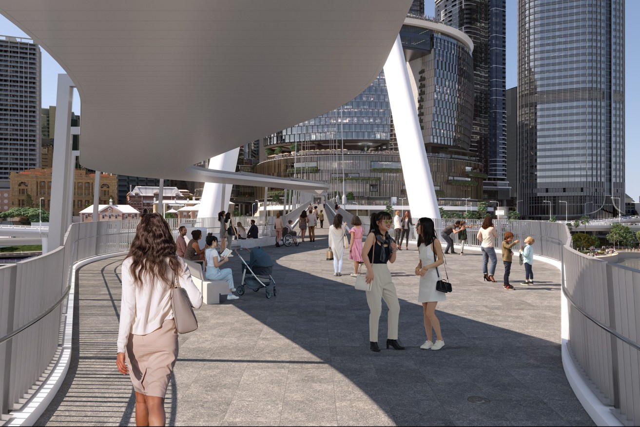 An artists impression of what the Neville Bonner Bridge will look like mid-span when completed. (Image: Star Entertainment)