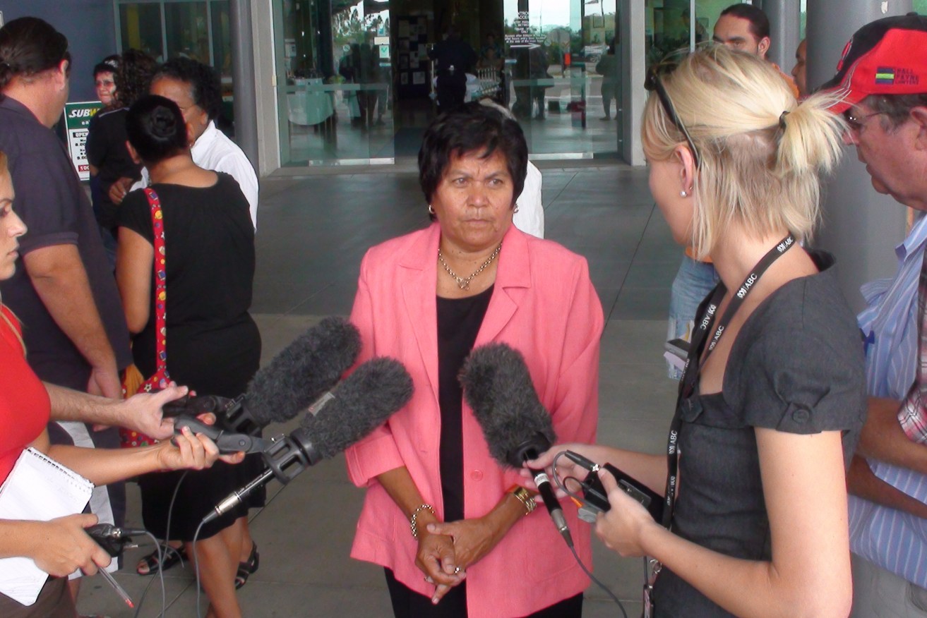 Aboriginal Activist Gracelyn Smallwood speaks to reporters outside Townsville Hospital in north Queensland, Friday, April 16, 2010. Ms Smallwood said her family is devastated by the death of her 27-year-old nephew Lyji Vaggs, who died after being restrained at a Townsville mental health unit. (AAP Image/Evan Schwarten) NO ARCHIVING
