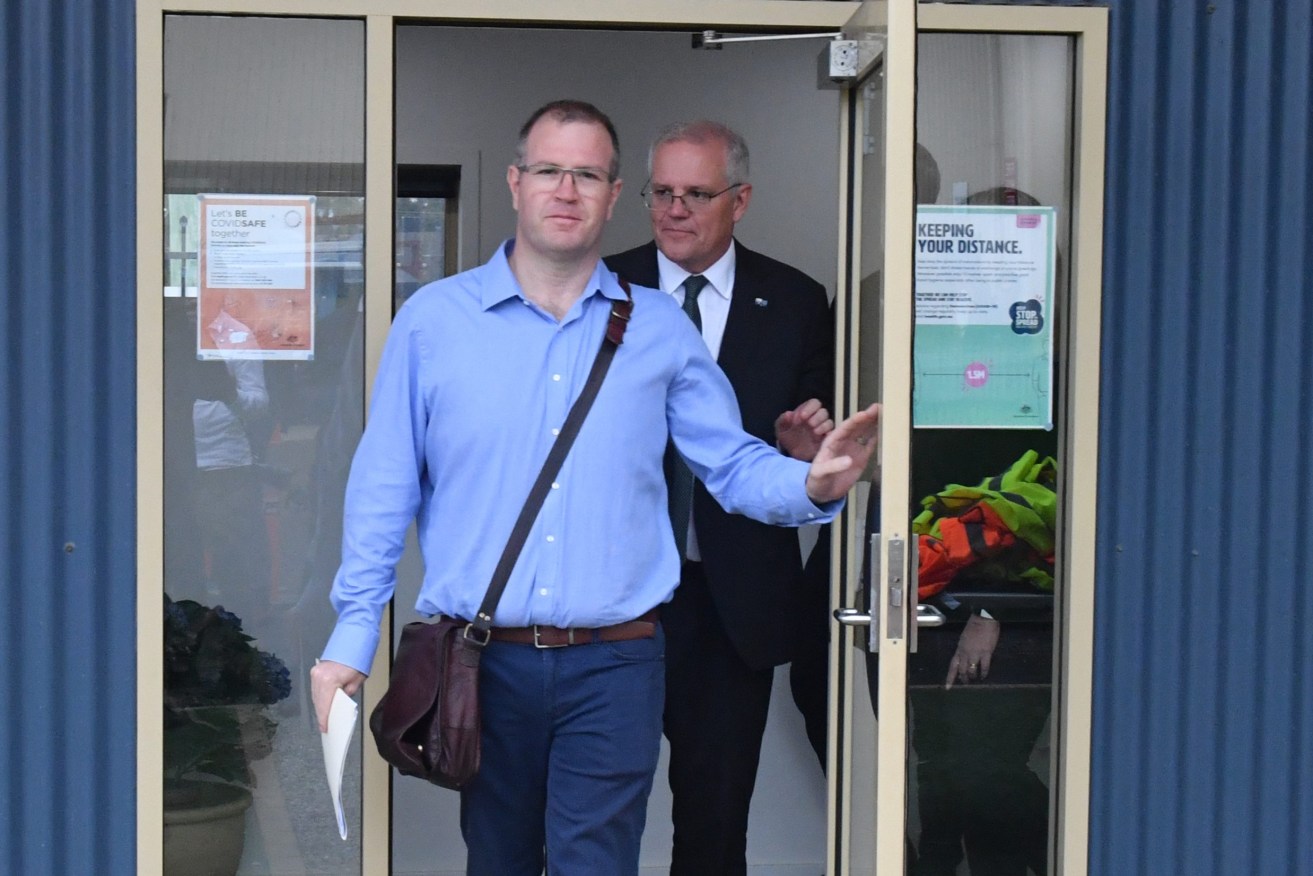 Special Minister of State Ben Morton and Prime Minister Scott Morrison duringf the 2022 federal election campaign, in George Town, in the seat of Bass. Friday, April 29, 2022. (AAP Image/Mick Tsikas