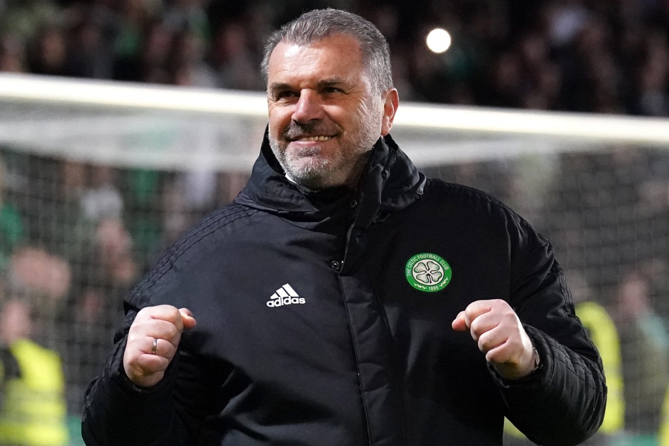 Celtic manager Ange Postecoglou celebrates after a Celtic win last year. (Andrew Milligan/PA Wire). 