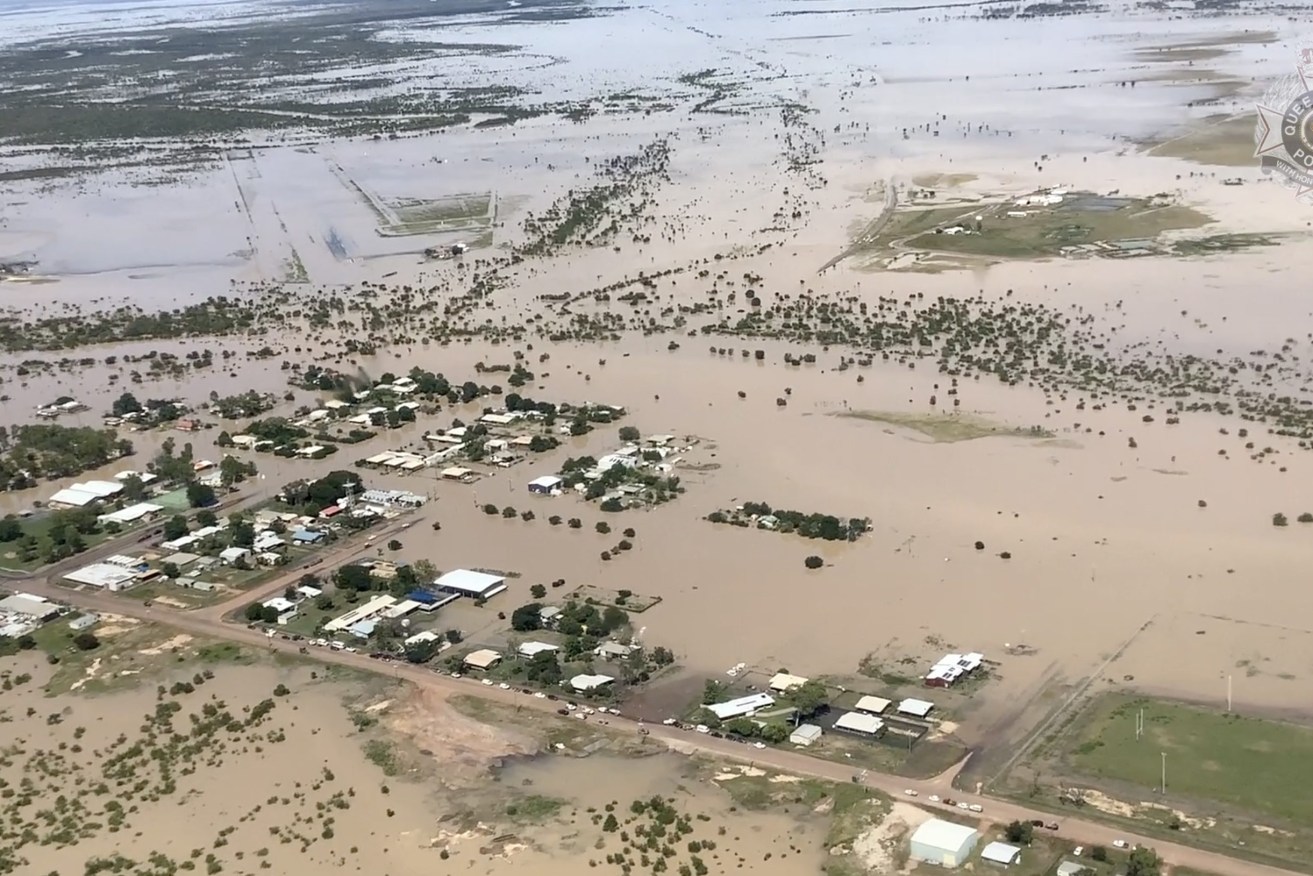 A screenshot of supplied vision of flooding in Burketown Queensland in early March. (AAP Image/Supplied by Queensland Police) 