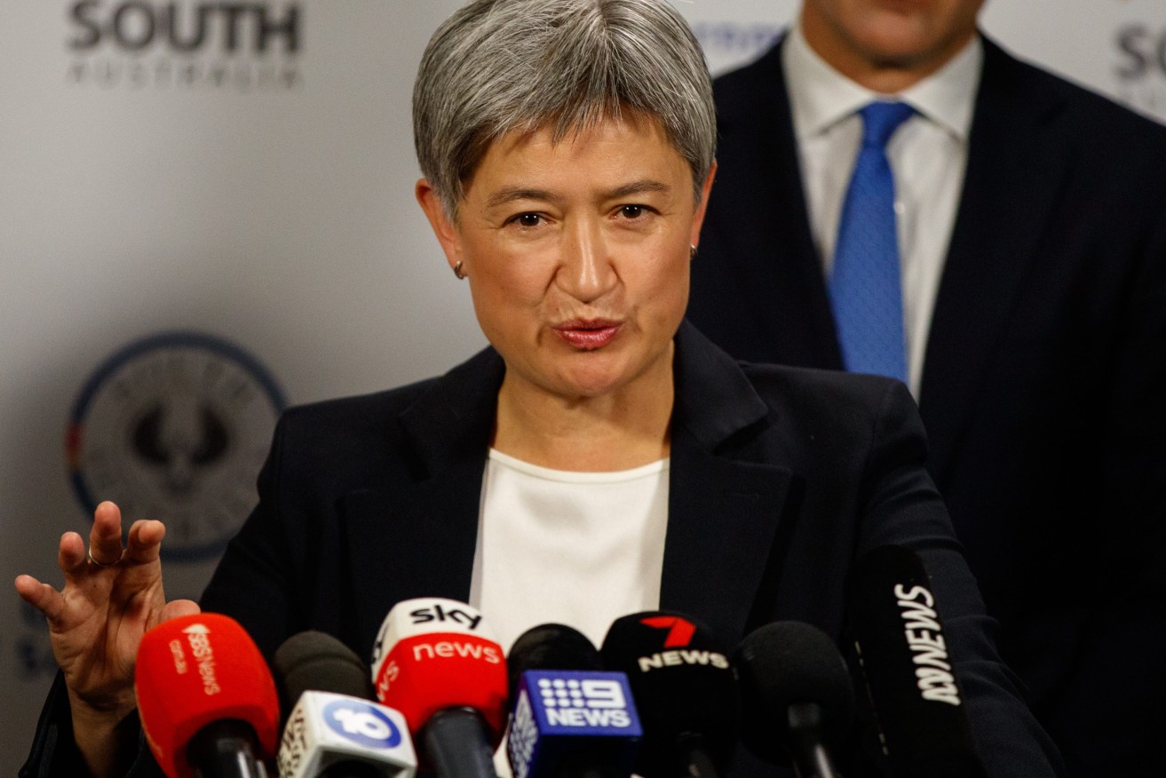 Foreign Minister Penny Wong addresses the media s during a press conference in Adelaide. (AAP Image/Matt Turner)