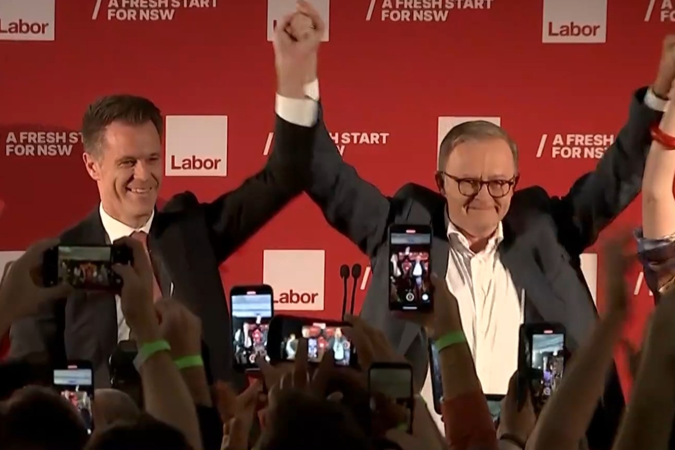 Prime Minister Anthony Albanese celebrates Chris Minns' victory in the NSW state elections, leaving just one conservative government in the nation.
