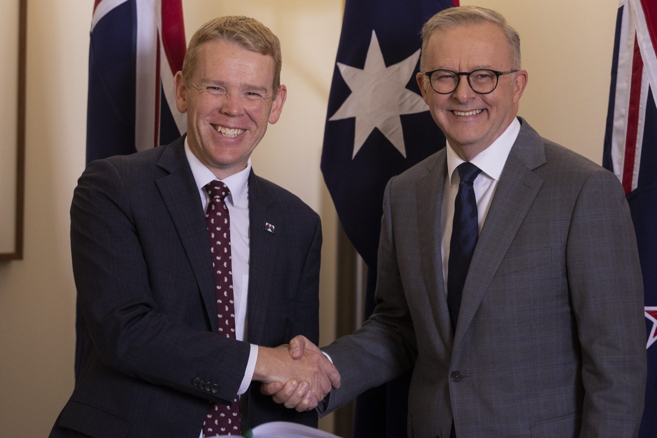 New Zealand Prime Minister Chris Hipkins, left, and Australian Prime Minister Anthony Albanese. (AP Photo/Hilary Wardhaugh)