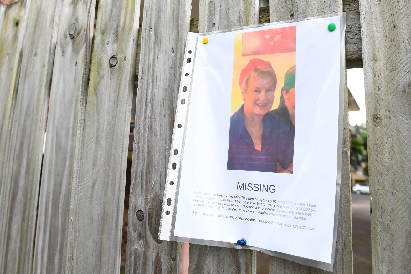 A missing person sign is seen at a crime scene on Maryvale Street in Toowong, where missing woman Lesley Trotter was last seen. (AAP image) 