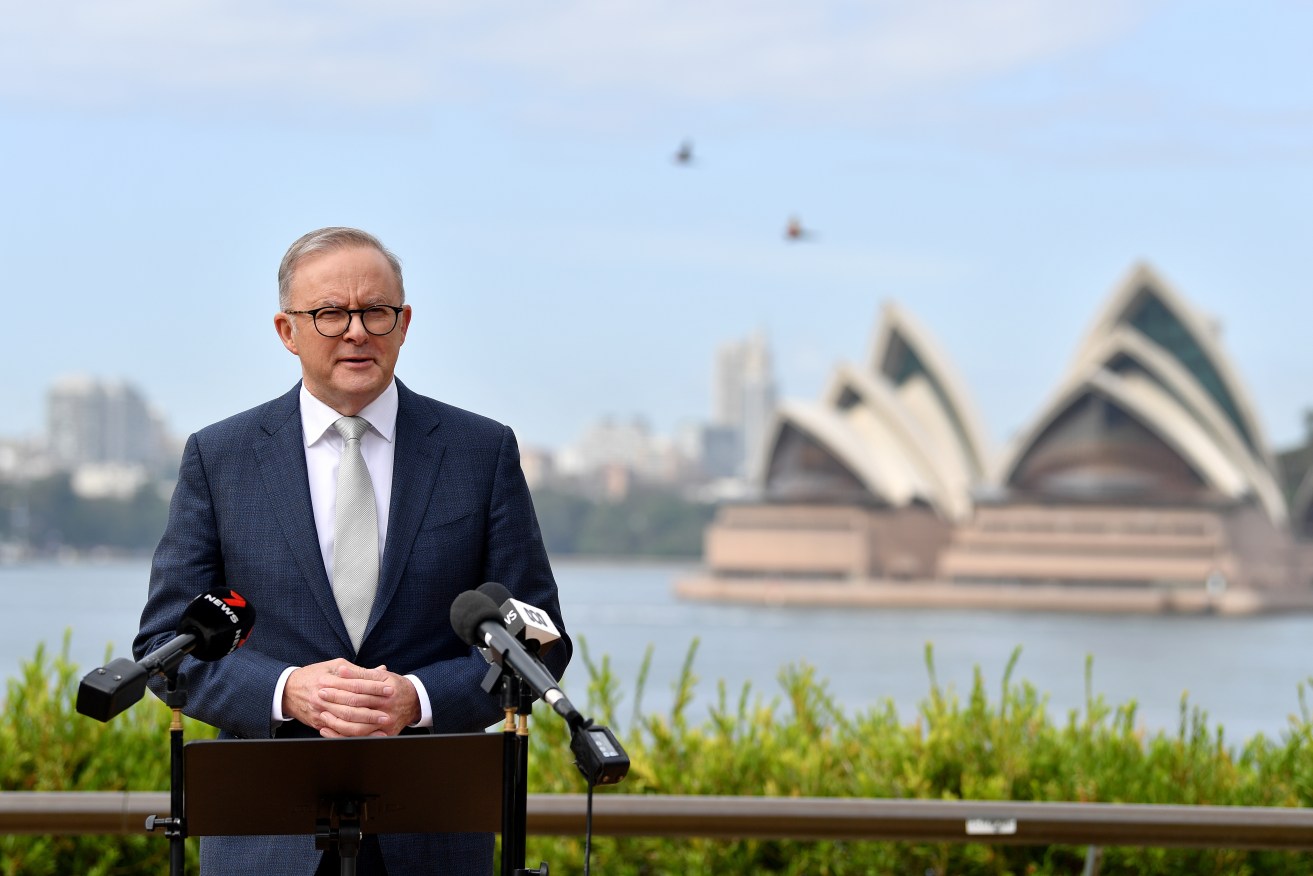 Australian Prime Minister Anthony Albanese speaks to the media during a press conference in Sydney, Wednesday, April 26, 2023. He is set to host three other leaders of the Quad group of countries. (AAP Image/Bianca De Marchi) 