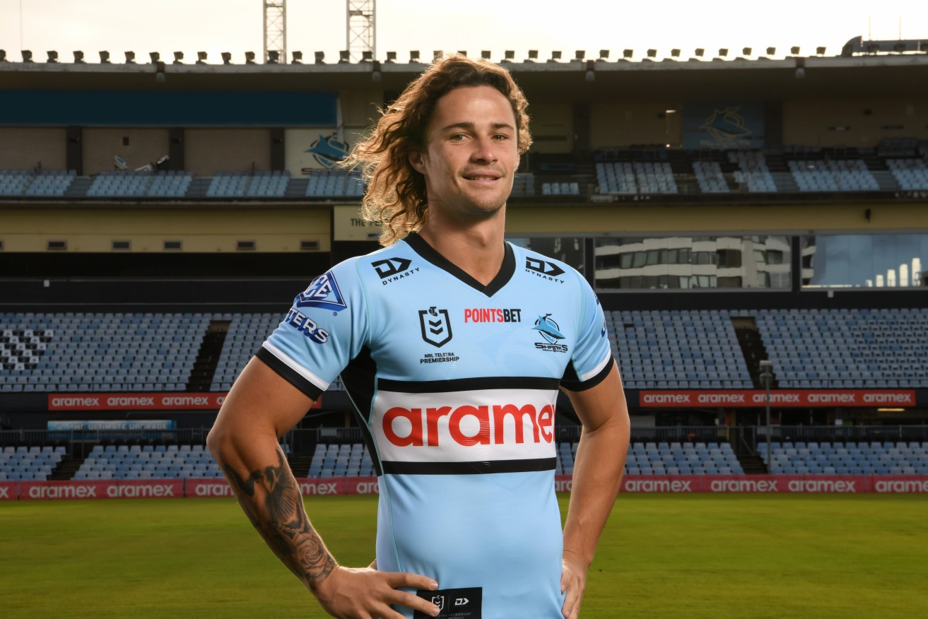 A supplied image obtained on Monday, November 22, 2021, of new recruit Nicho Hynes seen at Cronulla Sharks NRL training. (AAP Image/Supplied by Cronulla Sharks) 