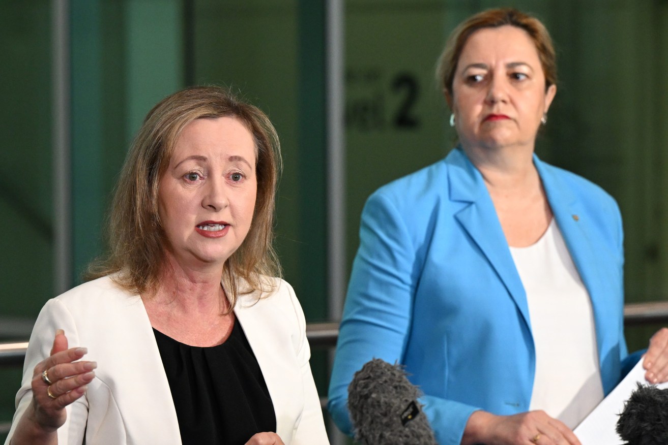 Queensland's soon-to-be former Health Minister Yvette D’Ath (left) and Premier Annastacia Palaszczuk (right) speak to media during a press conference at the Royal Brisbane and Women's Hospital. (AAP Image/Darren England) 