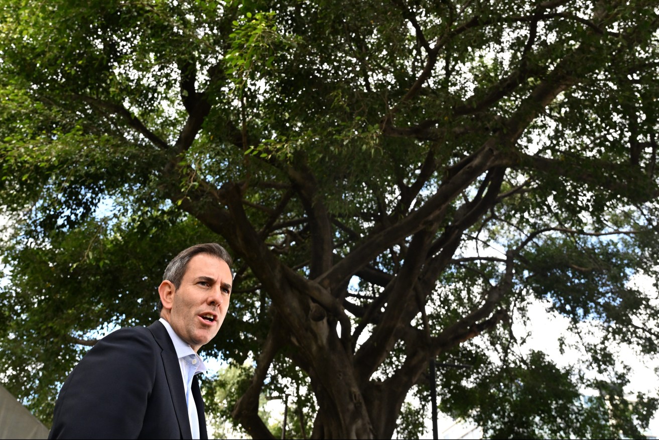 Federal Treasurer Jim Chalmers speaks to media during a press conference at Alexandria Park in Brisbane, Friday.  (AAP Image/Darren England) NO ARCHIVING