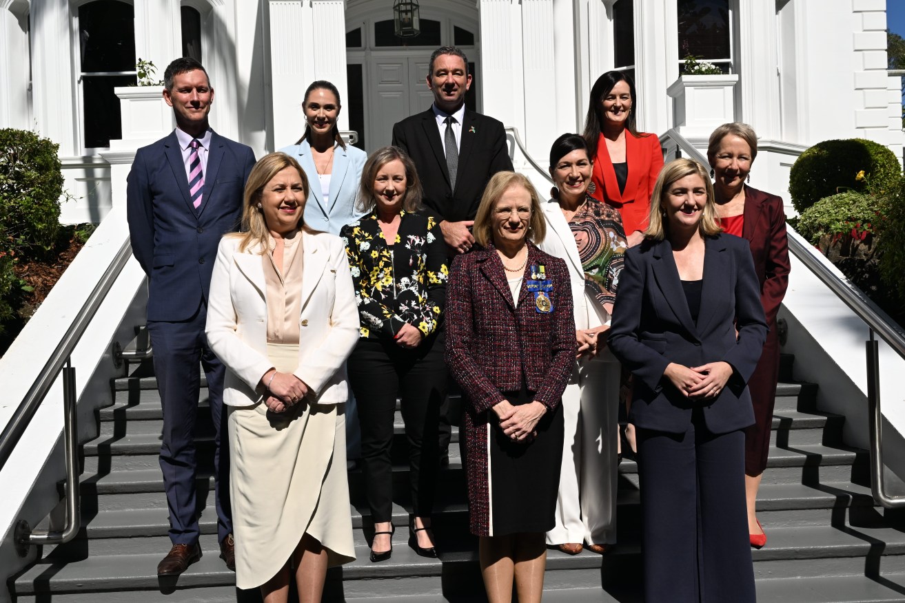 Queensland Premier Annastacia Palaszczuk is seen with her new ministers during a swearing-in ceremony following a cabinet reshuffle, at Government House in Brisbane, Thursday, May 18, 2023. (AAP Image/Darren England) 