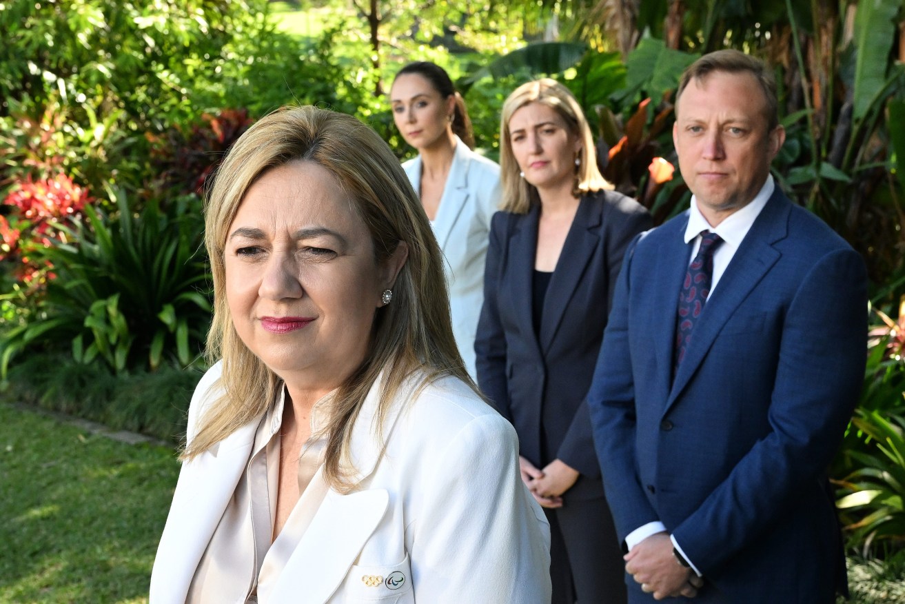  Queensland's former Premier Annastacia Palaszczuk and her ministers Meaghan Scanlon, Shannon Fentiman, Steven Miles are seen during a press conference after a swearing-in ceremony following a cabinet reshuffle, at Government House in Brisbane, Thursday, May 18, 2023. (AAP Image/Darren England) 