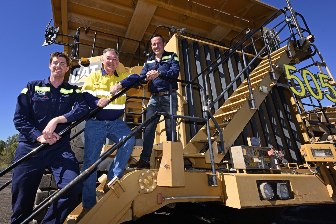 New Hope's Dave O'Dwyers, State Resources Minister Scott Stewart and New Hope CEO Rob Bishop at the Acland mine expansion opening (Pic: New Hope)