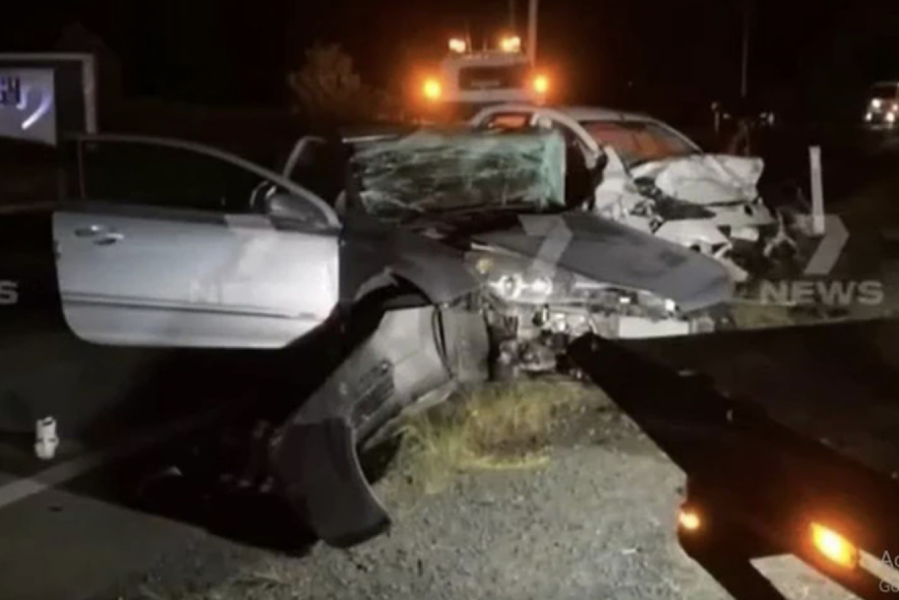Scene of the triple fatality car crash in Maryborough, over which two teenagers have been charged after allegedly stealing a luxury car and crashing into the victims. (Image: Channel 7)
