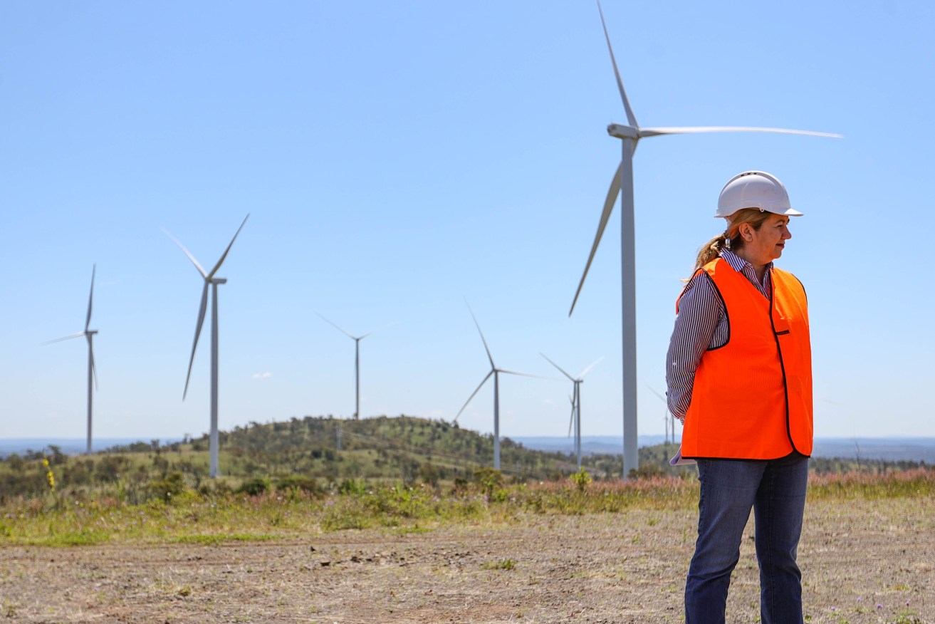Former Queensland Premier Annastacia Palaszczuk is seen during a press conference at a wind farm in the South Burnett district of Queensland,. (AAP Image/Russell Freeman) 