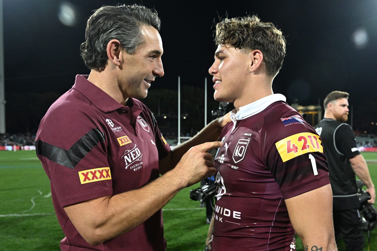 Maroons coach Billy Slater congratulates Reece Walsh following State of Origin 2023 - Game 1 between the NSW Blues and the Queensland Maroons at Adelaide Oval in Adelaide, Wednesday, May 31, 2023. (AAP Image/Dave Hunt) 