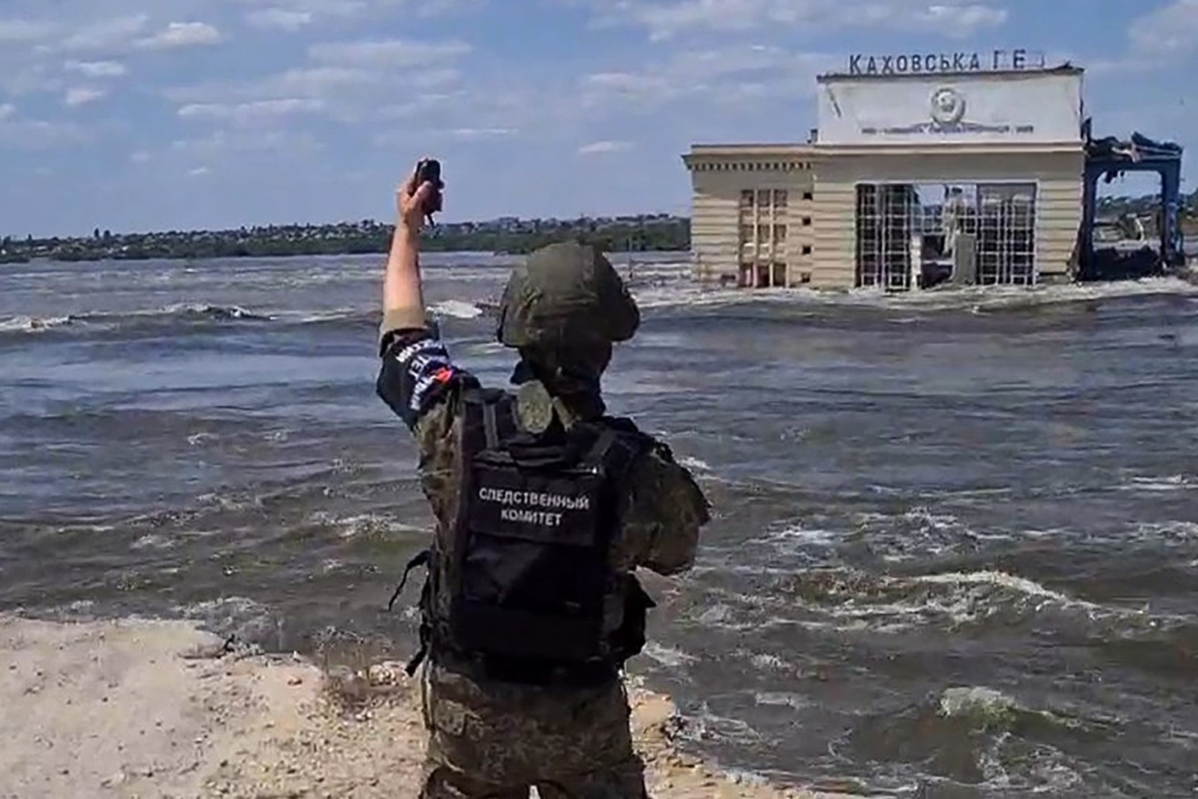 This video screen grab shows a flooded area in Novaya Kakhovka, The flood occured after a dam was breached at the Kakhovka Hydroelectric Power Plant.  Russian Investigative Committee/TASS/Sipa USA