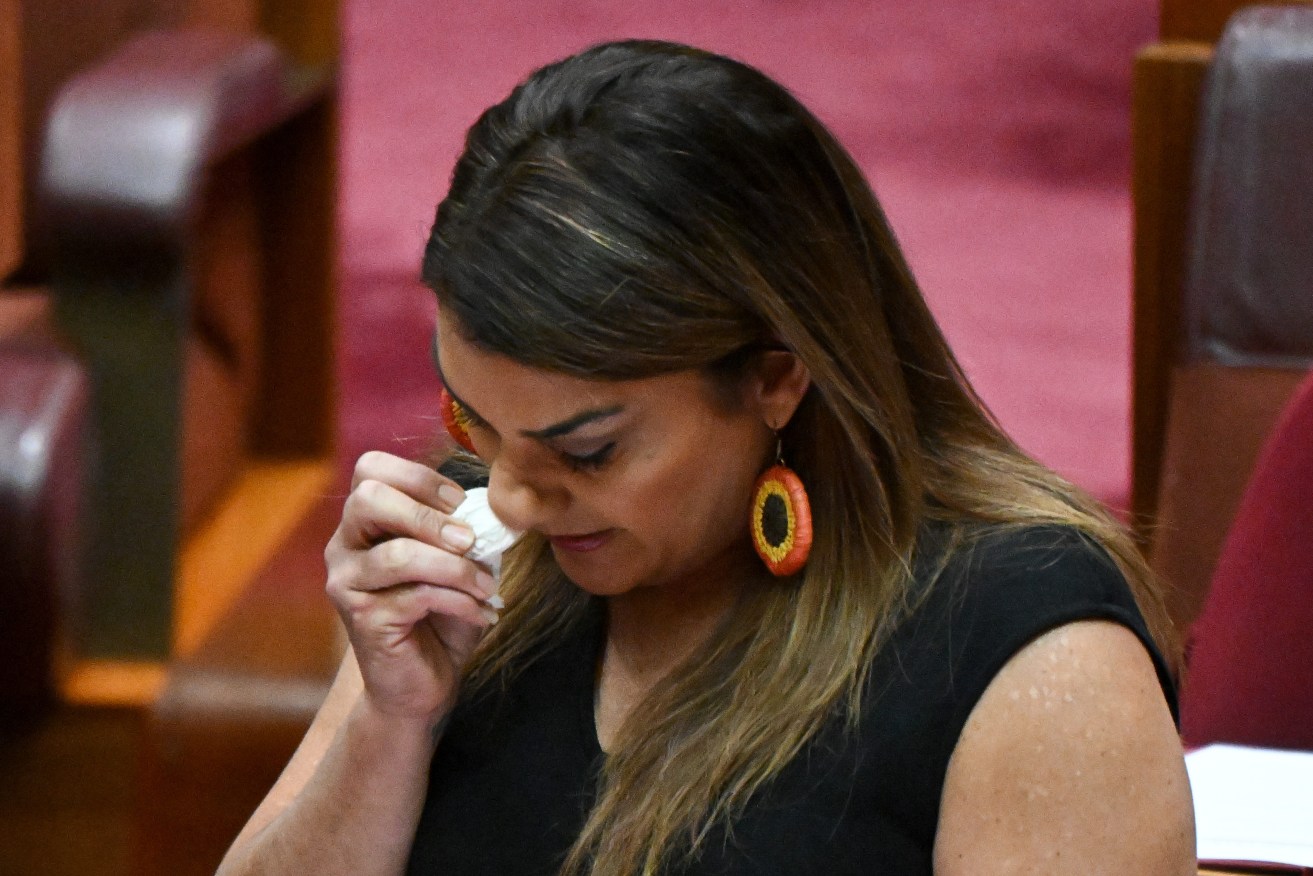 Independent Senator Lidia Thorpe reacts as she makes a personal statement in the Senate chamber at Parliament House in Canberra, Thursday, June 15, 2023. (AAP Image/Lukas Coch) 