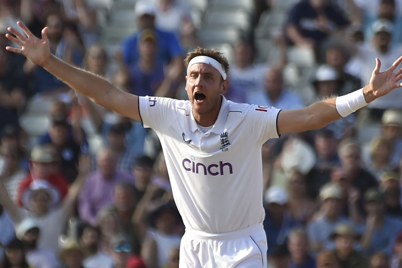 England's Stuart Broad appeals unsuccessfully for the wicket of Australia's Steven Smith during day four of the first Ashes Test cricket match, at Edgbaston, Birmingham, England, Monday, June 19, 2023. (AP Photo/Rui Vieira)