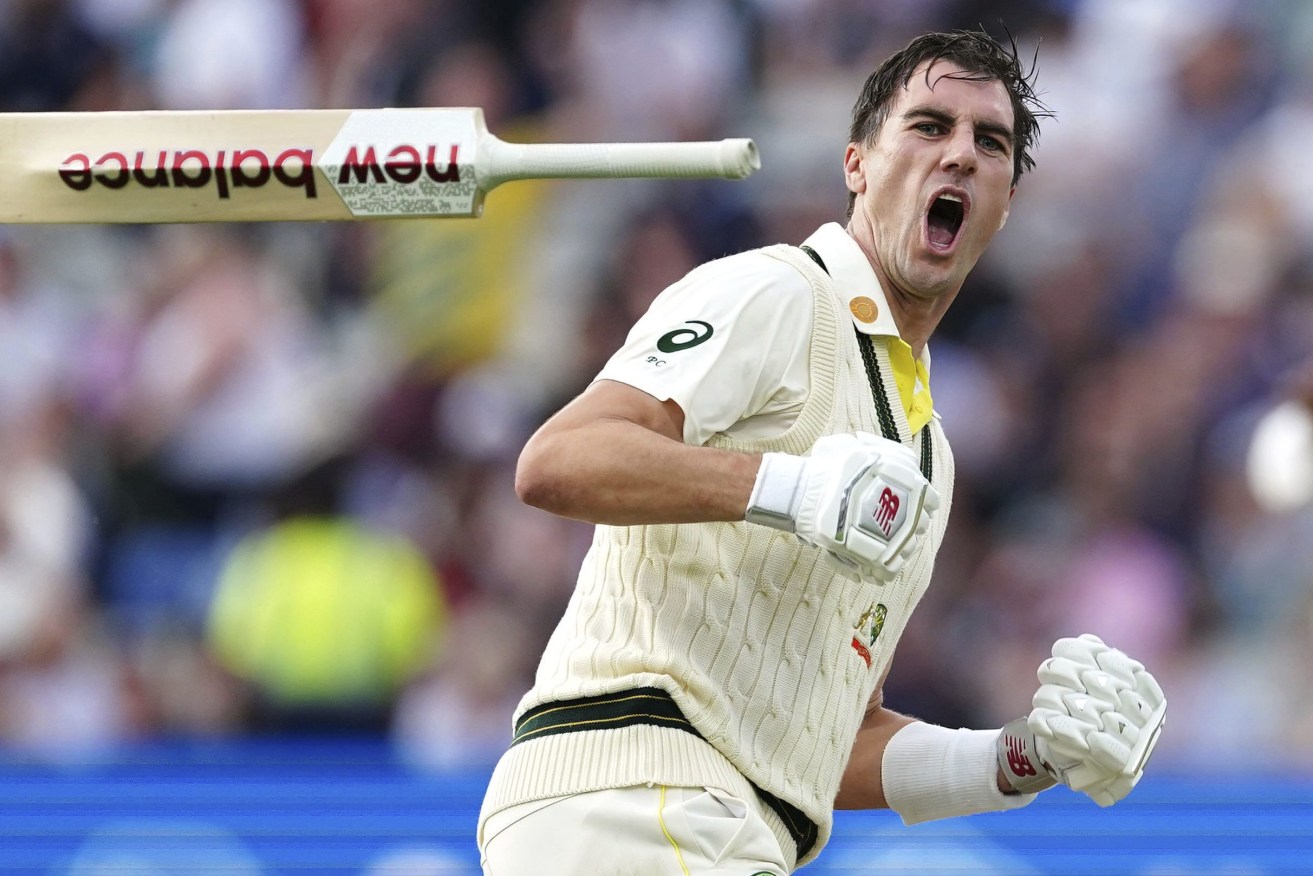 Australia captain Pat Cummins celebrates after beating England during day five of the first Ashes Test cricket match, at Edgbaston, Birmingham, England, Tuesday, June 20 2023. (Mike Egerton/PA via AP)