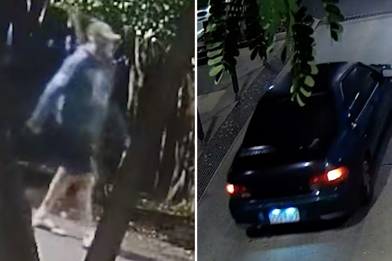 A supplied CCTV screen grab obtained on Wednesday, June 21, 2023, of a man walking along a pathway near the crime scene at 6am on the morning of the attack of 87-year-old John Kerr at Noosa Heads on June 18 (left) and a dark-coloured sedan that was driven along Hastings Street before the incident.  (AAP Image/Supplied by Queensland Police Service)