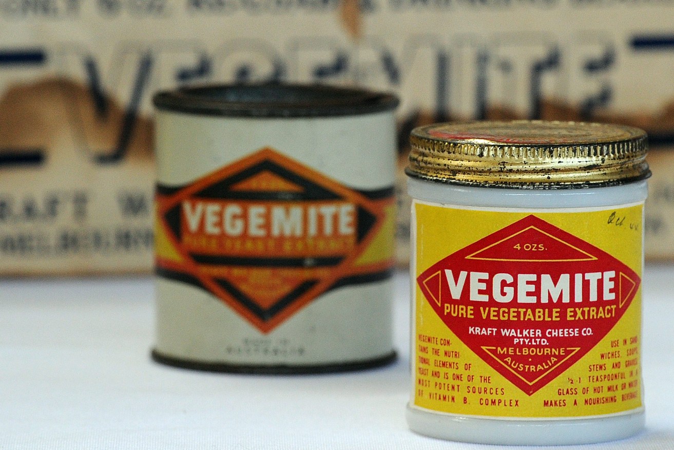 Vintage vegemite jars at the Vegemite factory in Melbourne. As Vegemite celebrates its 100th anniversary, there are, on average, two jars of Vegemite sold in Australia every three seconds. (AAP Image/Julian Smith) 