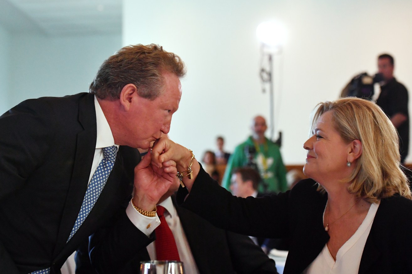 Fortescue Metals Group CEO and philanthropist Andrew 'Twiggy' Forrest kisses the hand of wife Nicola at an event unveiling one of Australia's largest philanthropic donations to fund a variety of social and scientific causes at Parliament House in Canberra, Monday, May 22, 2017. (AAP Image/Mick Tsikas) NO ARCHIVING