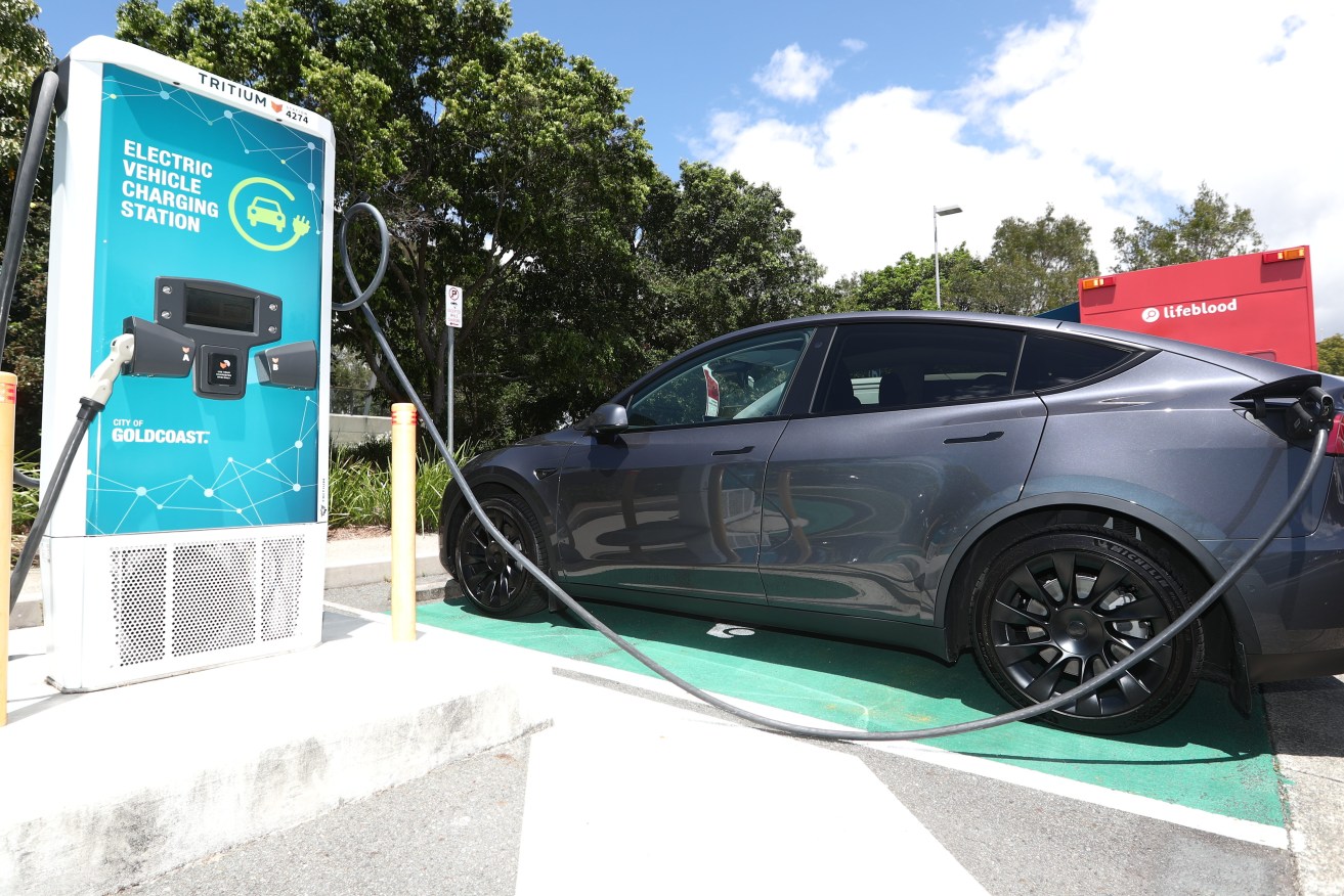 An electric vehicle charging station is seen at Bundall, on the Gold Coast, Thursday, February 16, 2023}. (AAP Image/Jason O'Brien) 