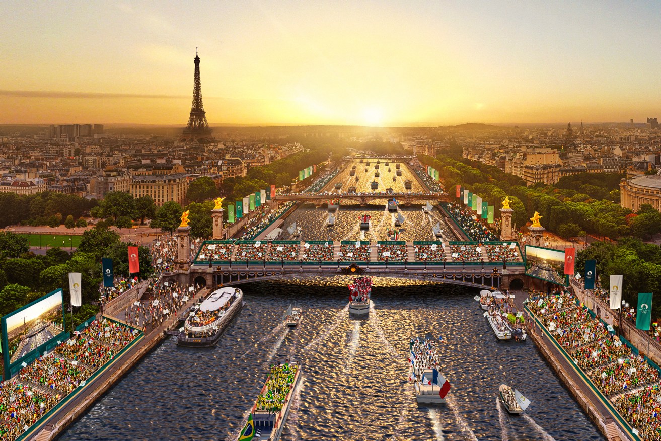 A rendered image of Paris with the Eiffel tower and the Seine river during the opening ceremony of the Paris 2024 Olympic Games on July 26, 2024.  (Paris 2024 via AP)