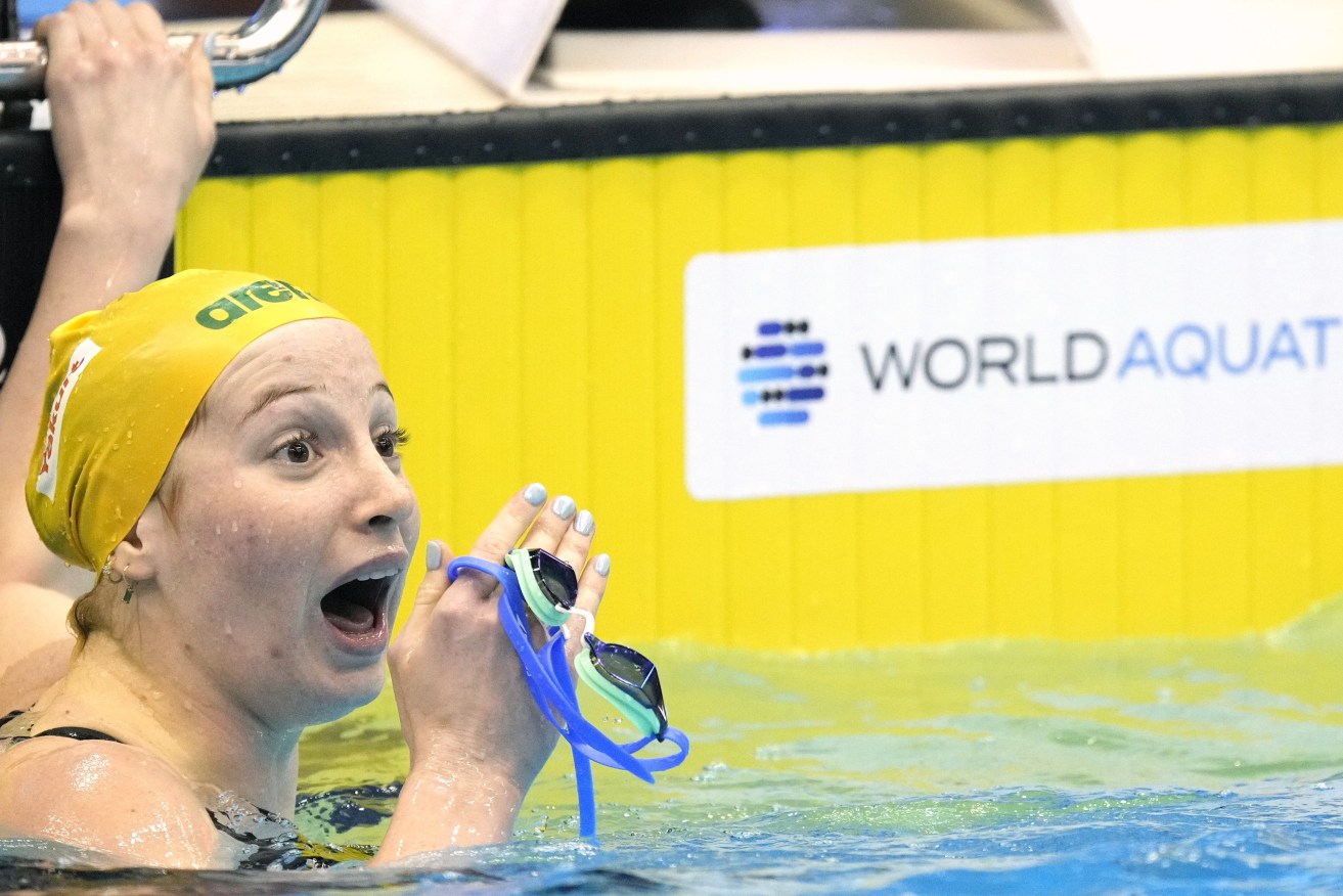 Mollie O'Callaghan of Australia reacts after setting a new world record and winning the Women's 200m Freestyle final of the Swimming events during the World Aquatics Championships in Fukuoka, Japan, 26 July 2023.  EPA/FRANCK ROBICHON