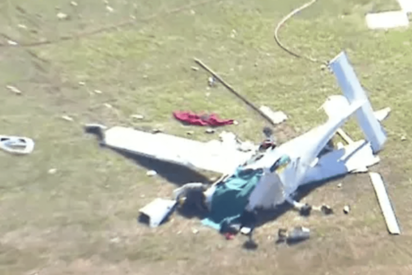 Aerial images of one of two light planes feared to have collided mid-air at the Caboolture Airport. (Image:Channel 9)