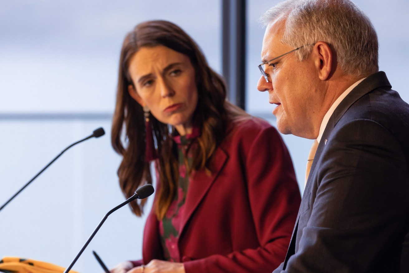 What might have been: New Zealand Prime Minister Jacinda Ardern and Australian Prime Minister Scott Morrison speak during a joint press conference held at The Nest in Queenstown (AAP  Image/Peter Meecham)